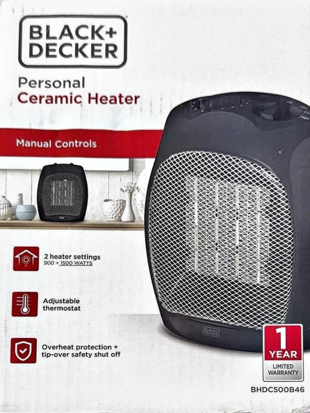 BLACK+DECKER Personal Ceramic Space Heater 2 Heat Settings 900-1500W Black